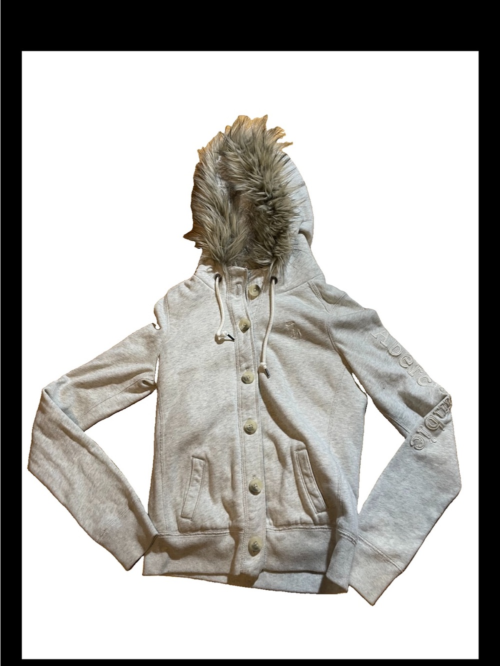 Y2K 2000s Abercrombie & Finch Light Gray Hooded Jacket Faux Fur Trim Size Small